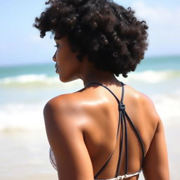 A young Black woman with short curly hair, seen from behind, enjoying a sunny day on the beach