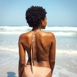 A young Black woman with short curly hair, seen from behind, enjoying a sunny day on the beach