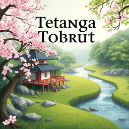 Create a book cover titled 'Tetangga Tobrut' that features a serene Japanese nature scene