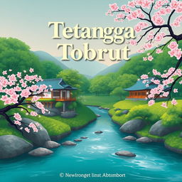 Create a book cover titled 'Tetangga Tobrut' that features a serene Japanese nature scene