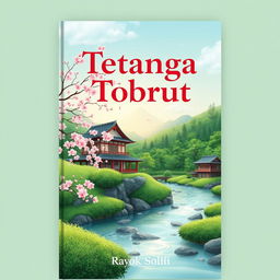 Create a book cover titled 'Tetangga Tobrut' that features a serene Japanese nature scene