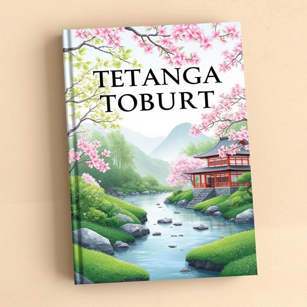 Create a book cover titled 'Tetangga Tobrut' that features a serene Japanese nature scene