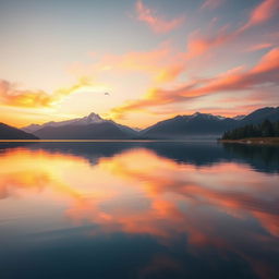 Create an image of a peaceful sunset over a serene lake with mountains in the background