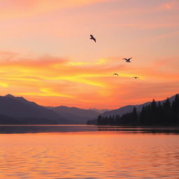 Create an image of a peaceful sunset over a serene lake with mountains in the background