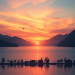 Create an image of a peaceful sunset over a serene lake with mountains in the background