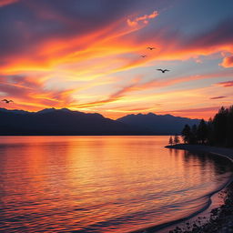 Create an image of a peaceful sunset over a serene lake with mountains in the background