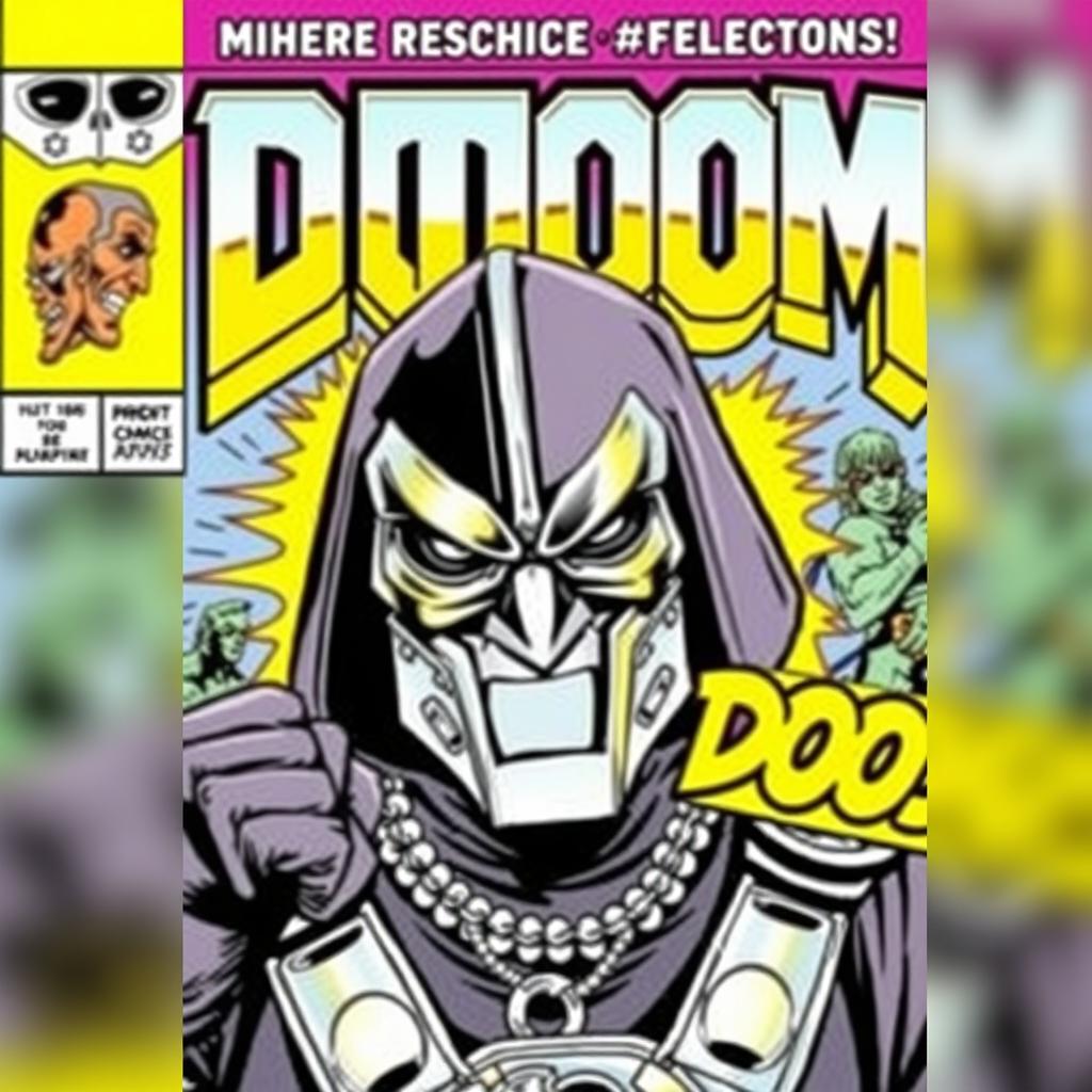 A vibrant comic book cover featuring MF DOOM, the legendary rapper, in his iconic metal mask