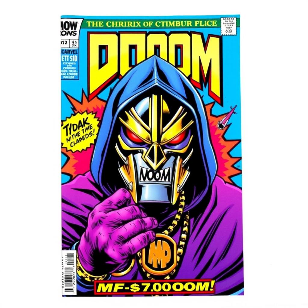 A vibrant comic book cover featuring MF DOOM, the legendary rapper, in his iconic metal mask