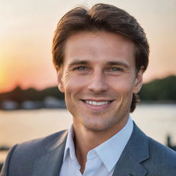 Revise the portrait to convey the man as strikingly handsome, with refined features, captivating eyes, and a charming smile. The setting sun now accents his glowing complexion.