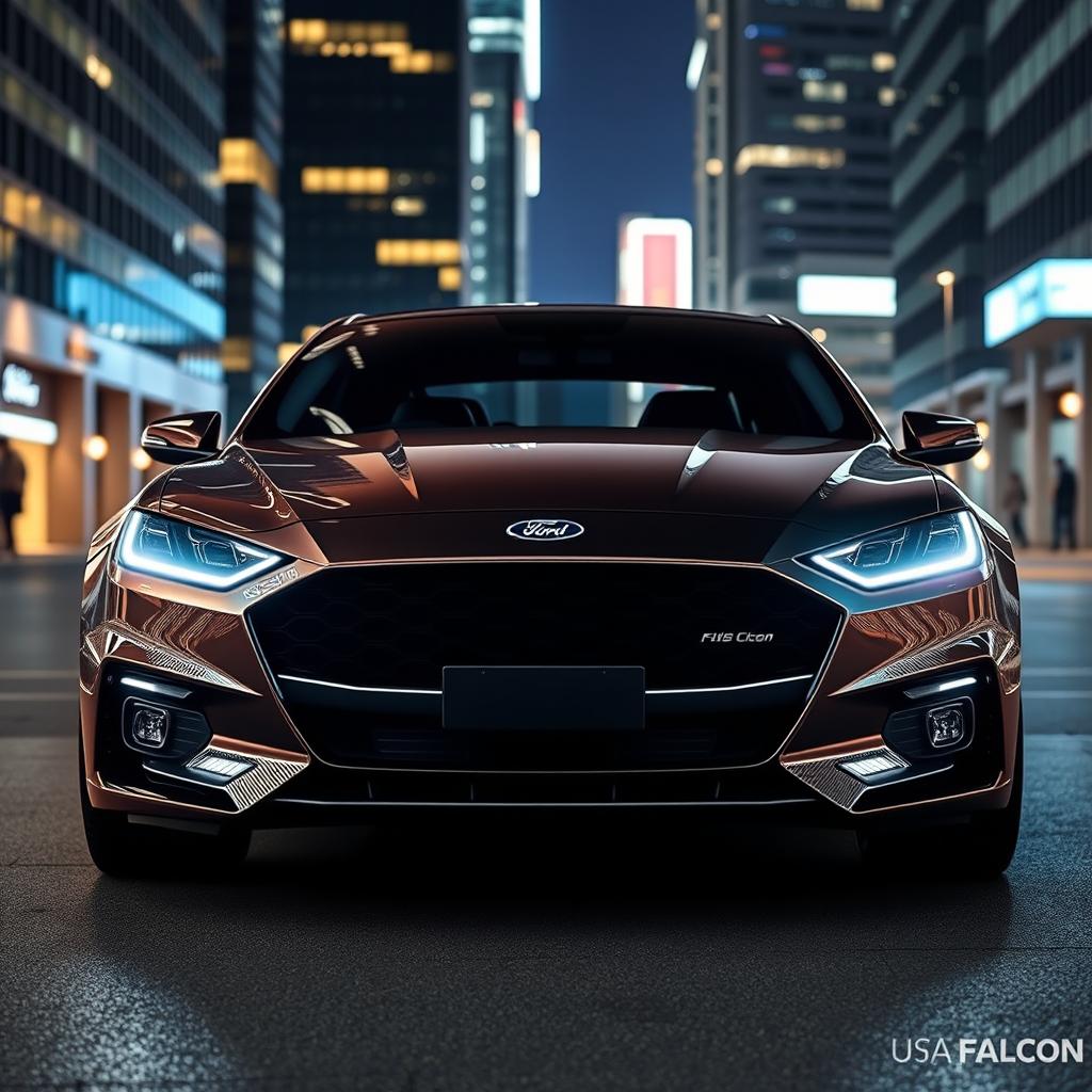 A sleek and futuristic 2025 Ford Falcon taking inspiration from the 2016 FGX Falcon, especially its front end