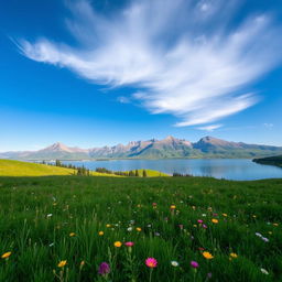 A scenic landscape with mountains in the background, a clear blue sky, and a serene lake reflecting the mountains