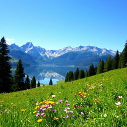 A scenic landscape with mountains in the background, a clear blue sky, and a serene lake reflecting the mountains