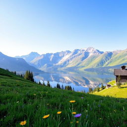 A scenic landscape with mountains in the background, a clear blue sky, and a serene lake reflecting the mountains