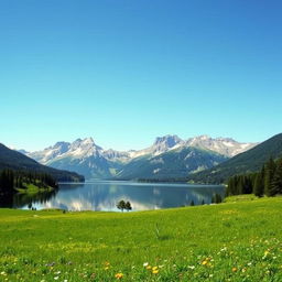 A scenic landscape with mountains in the background, a clear blue sky, and a serene lake reflecting the mountains