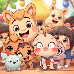 A cute and funny cartoon featuring adorable characters with big eyes and exaggerated expressions