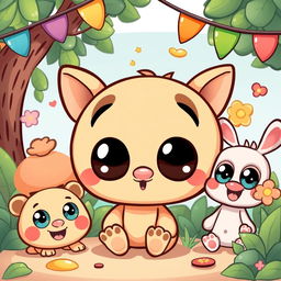 A cute and funny cartoon design featuring adorable characters with big eyes and exaggerated expressions