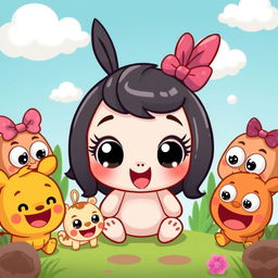 A cute and funny cartoon design featuring adorable characters with big eyes and exaggerated expressions