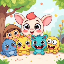 A cute and funny cartoon design featuring adorable characters with big eyes and exaggerated expressions