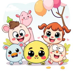 A cute and funny cartoon design featuring adorable characters with big eyes and exaggerated expressions