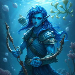 A male middle-aged aquatic elf ranger in an underwater setting with a marine environment