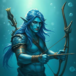 A male middle-aged aquatic elf ranger in an underwater setting with a marine environment