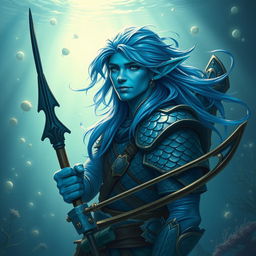 A male middle-aged aquatic elf ranger in an underwater setting with a marine environment