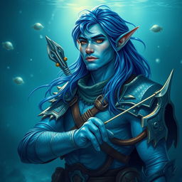 A male middle-aged aquatic elf ranger in an underwater setting with a marine environment