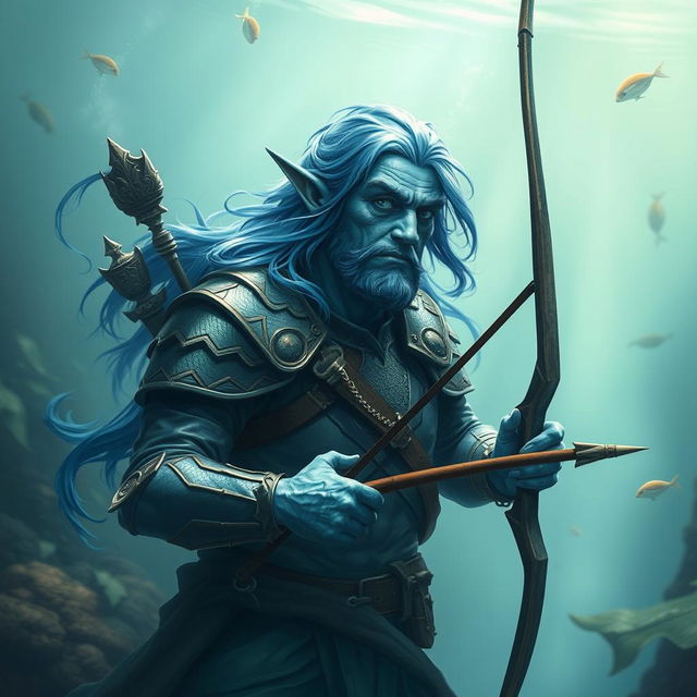 Create an image of a middle-aged aquatic elf ranger in an underwater setting