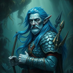 Create an image of a middle-aged aquatic elf ranger in an underwater setting