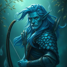 Create an image of a middle-aged aquatic elf ranger in an underwater setting