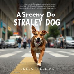 Create a book cover featuring a stray dog running through a city street