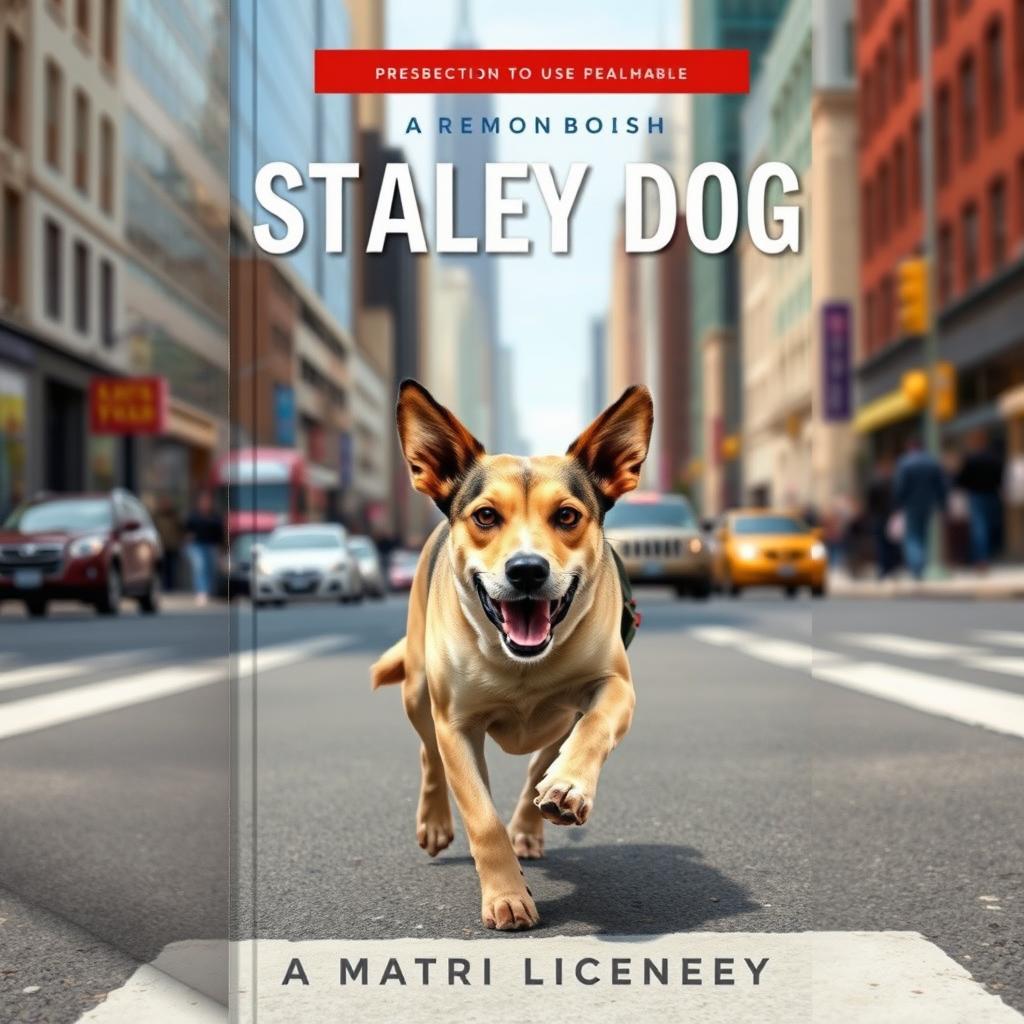 Create a book cover featuring a stray dog running through a city street