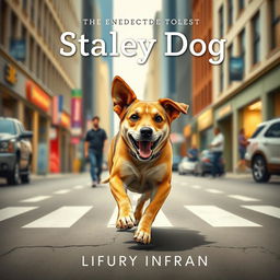 Create a book cover featuring a stray dog running through a city street