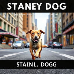 Create a book cover featuring a stray dog running through a city street