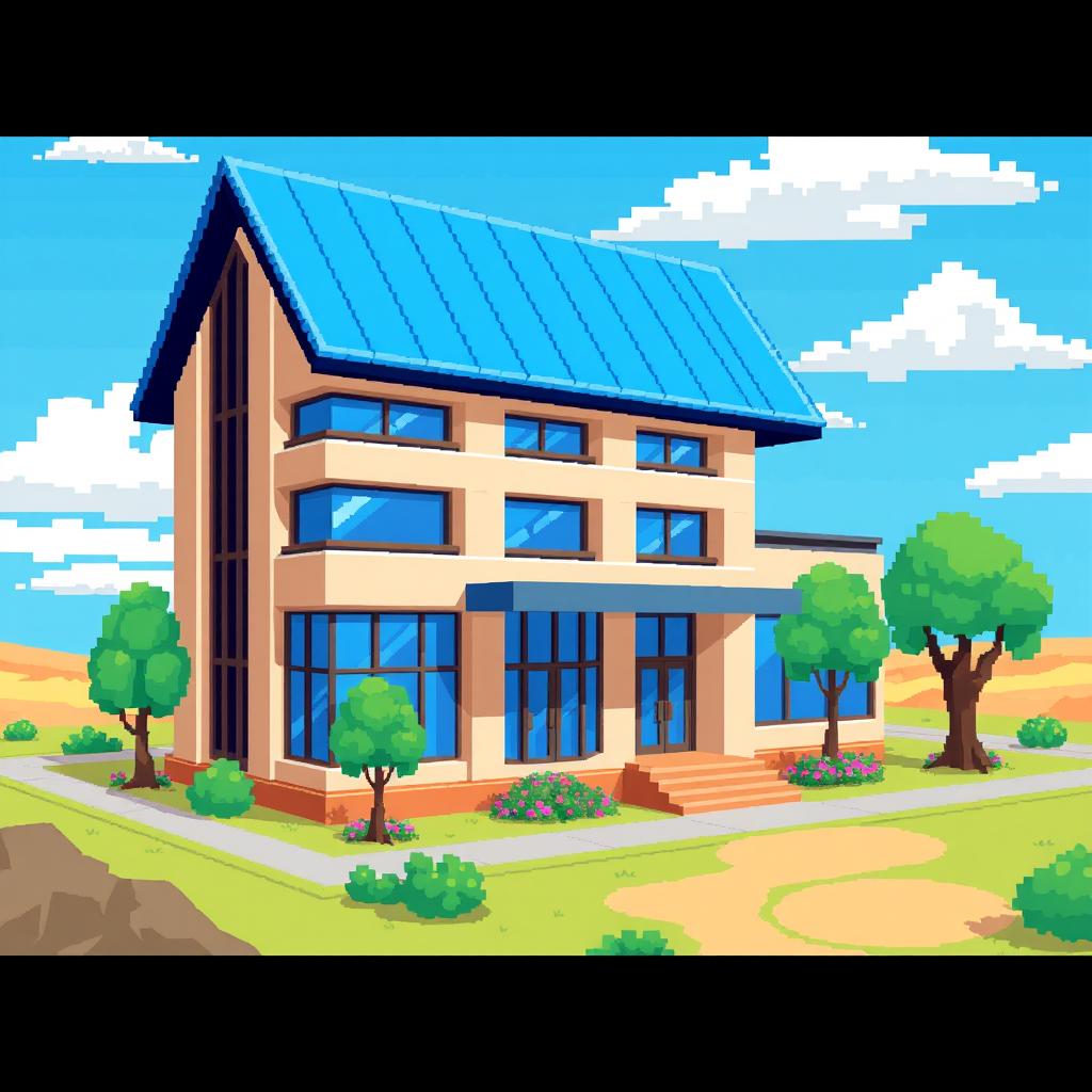 Create an image of a pixel style building inspired by the reference image