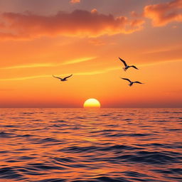 Create an image of a beautiful sunset over a calm ocean with a few seagulls flying in the sky