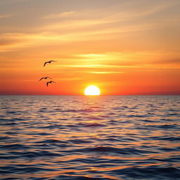 Create an image of a beautiful sunset over a calm ocean with a few seagulls flying in the sky