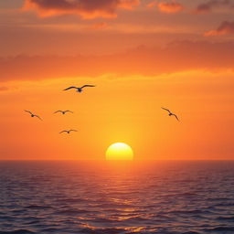 Create an image of a beautiful sunset over a calm ocean with a few seagulls flying in the sky