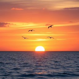 Create an image of a beautiful sunset over a calm ocean with a few seagulls flying in the sky