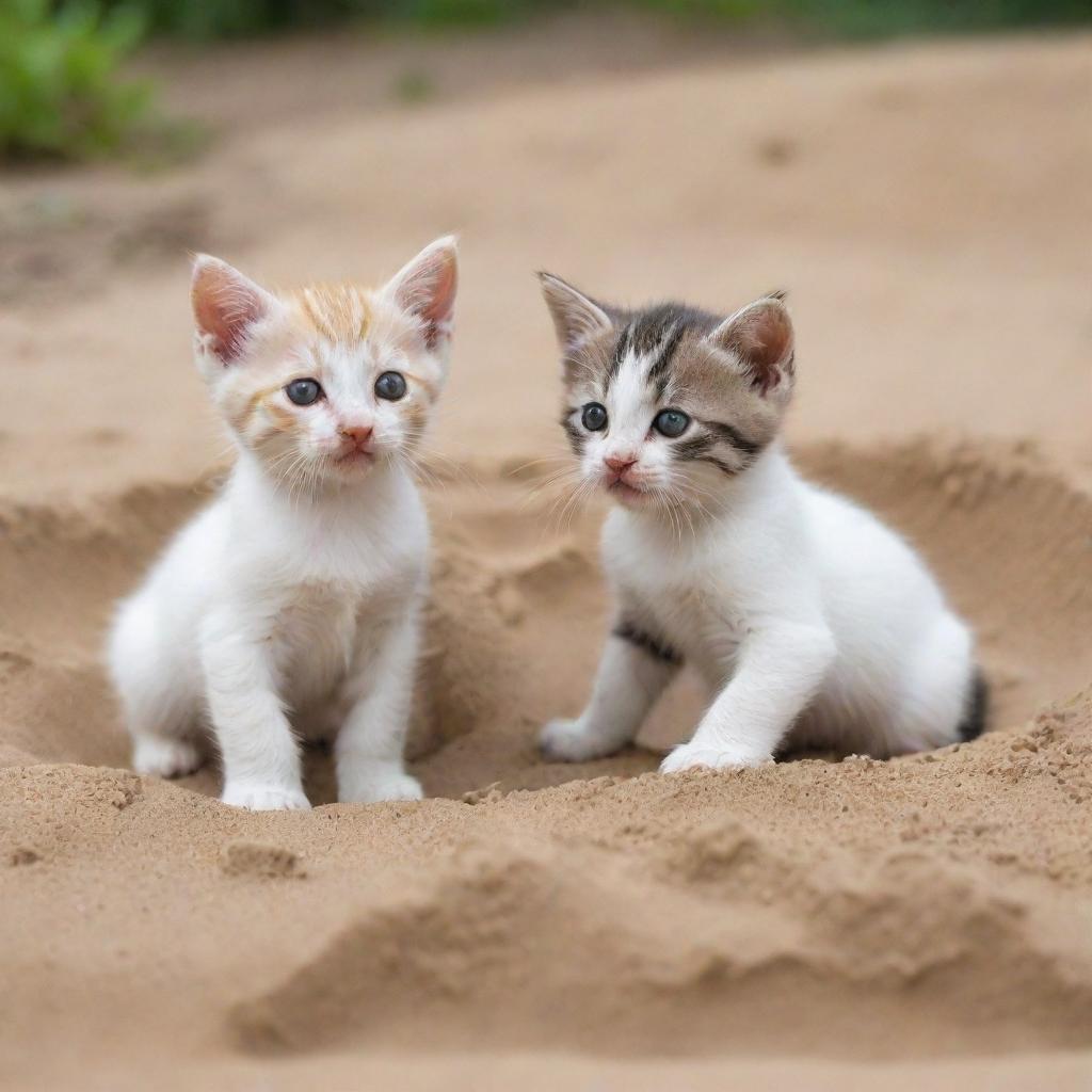 Delightful kittens playing merrily in a sandbox located in a lush park