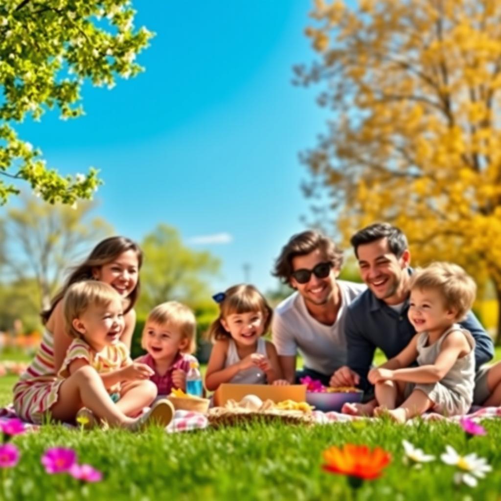 Create a vibrant and colorful scene featuring a happy family enjoying a picnic in a sunny park with a clear blue sky, green grass, and blooming flowers