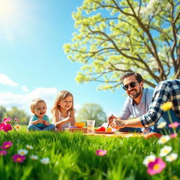 Create a vibrant and colorful scene featuring a happy family enjoying a picnic in a sunny park with a clear blue sky, green grass, and blooming flowers