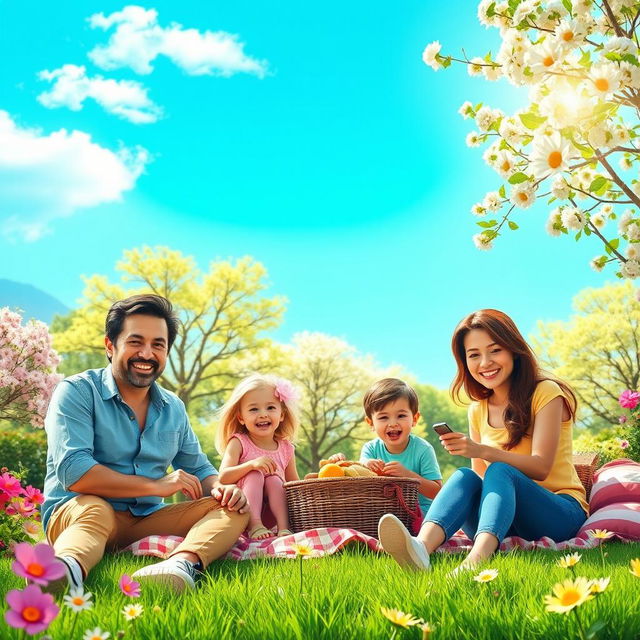 Create a vibrant and colorful scene featuring a happy family enjoying a picnic in a sunny park with a clear blue sky, green grass, and blooming flowers