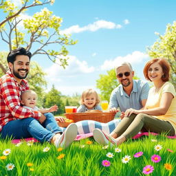 Create a vibrant and colorful scene featuring a happy family enjoying a picnic in a sunny park with a clear blue sky, green grass, and blooming flowers