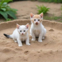 Delightful kittens playing merrily in a sandbox located in a lush park