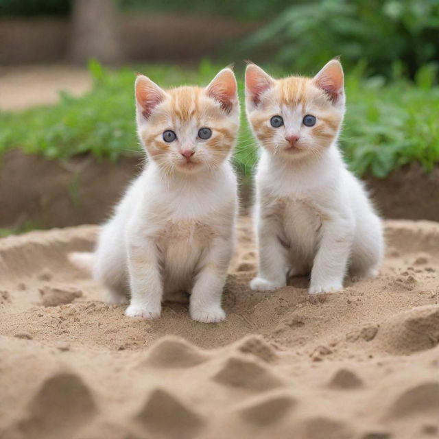 Delightful kittens playing merrily in a sandbox located in a lush park