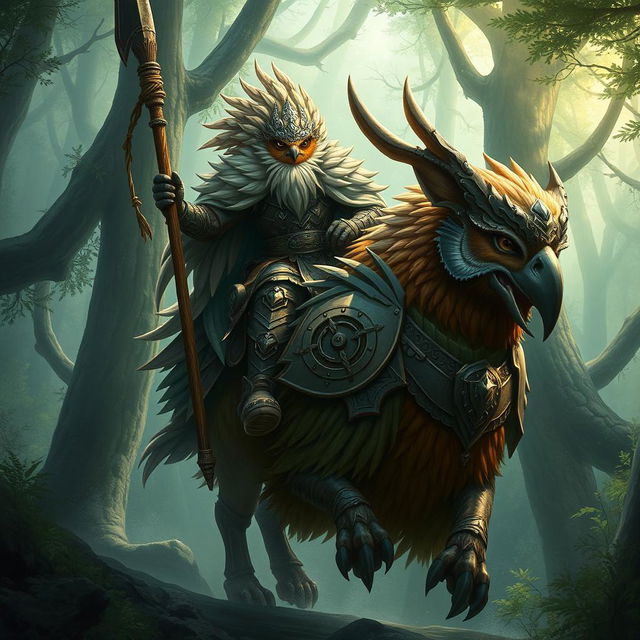 A majestic Firbolg cavalier riding an armored owlbear through a dense, enchanted forest