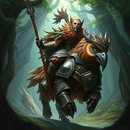 A majestic Firbolg cavalier riding an armored owlbear through a dense, enchanted forest