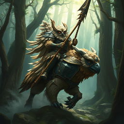 A majestic Firbolg cavalier riding an armored owlbear through a dense, enchanted forest