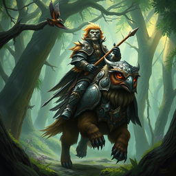 A majestic Firbolg cavalier riding an armored owlbear through a dense, enchanted forest